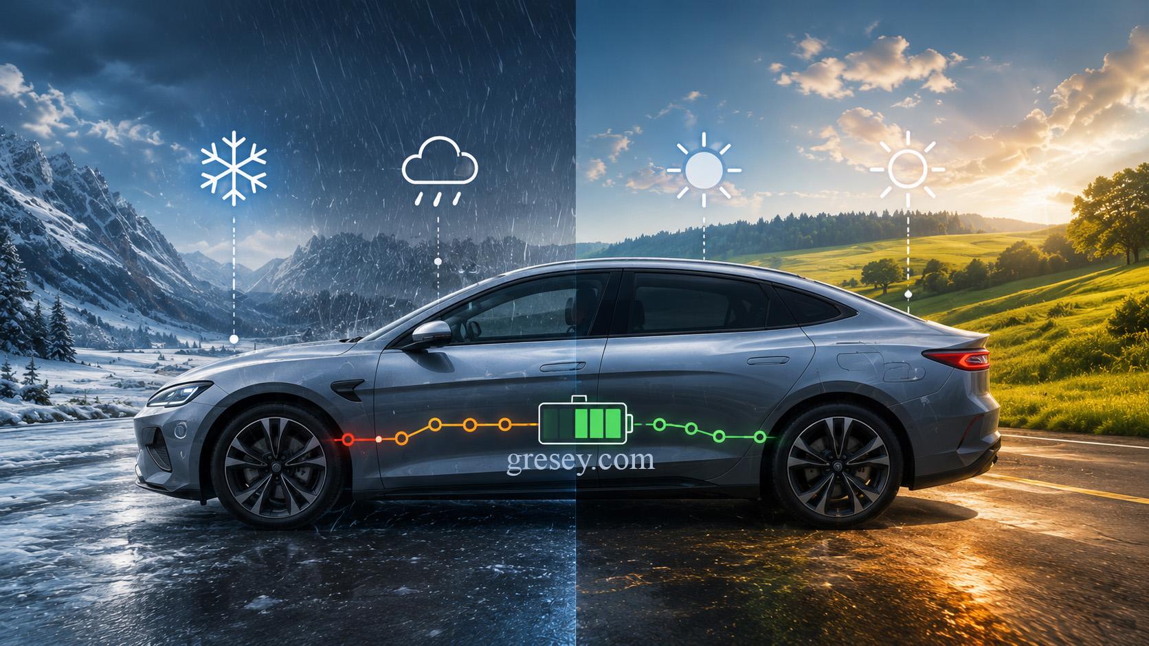 BYD SEAL їде крізь сніг, дощ і сонячну трасу, а навколо показано зміну умов і рівня батареї.