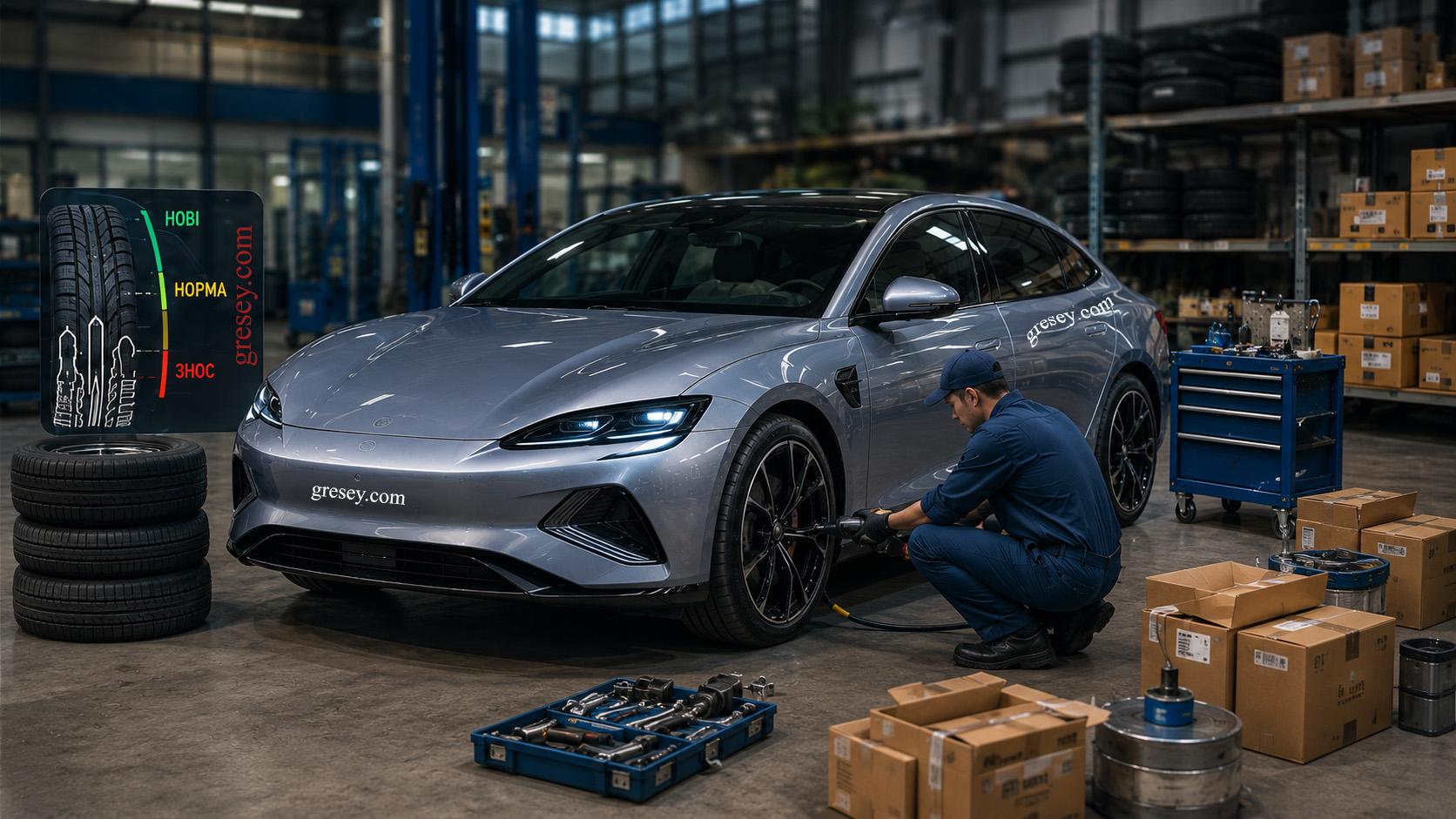 BYD SEAL у сервісній зоні з шинами, колісними дисками, коробками запчастин та інфографічними вставками про знос і обслуговування.