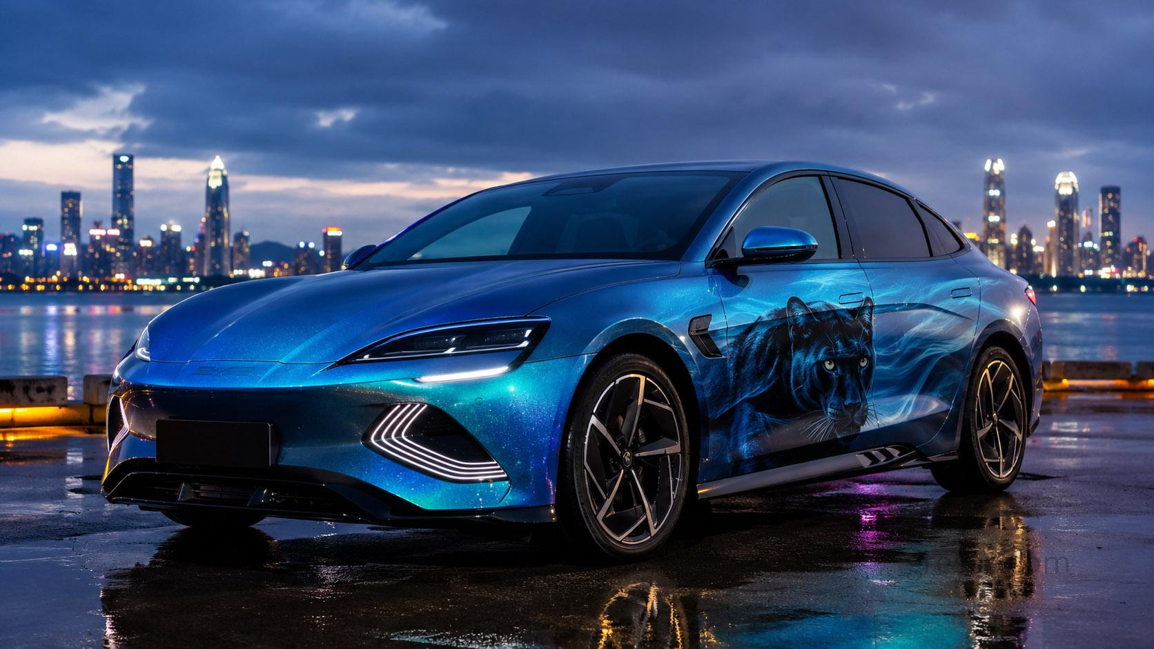 BYD SEAL 2022 — художня ілюстрація електричного седана у синьо-бірюзовому оформленні з пантерою.