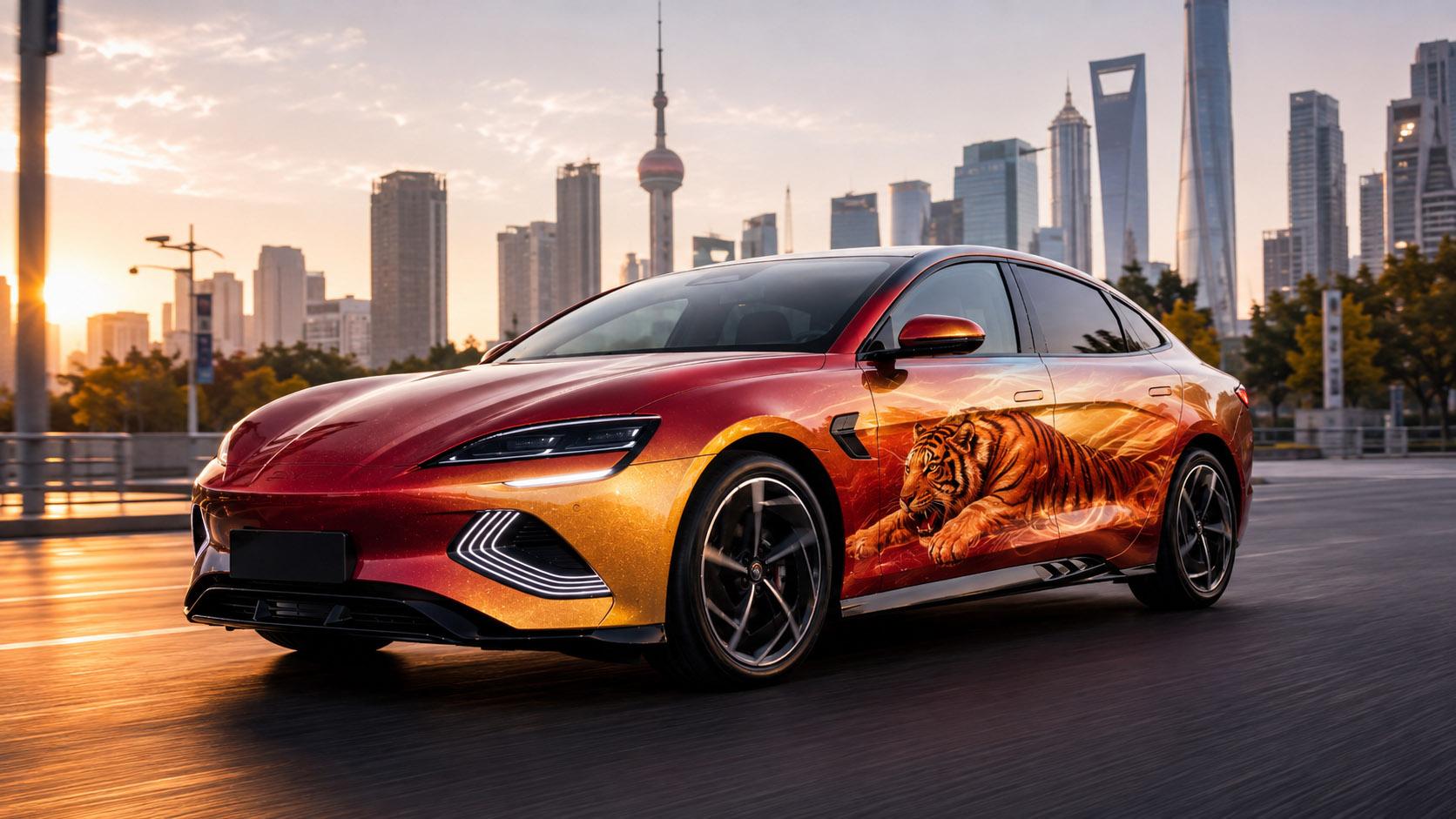 BYD SEAL 2022 — художня ілюстрація періоду дебюту моделі в Китаї, червоно-золоте оформлення з тигром.
