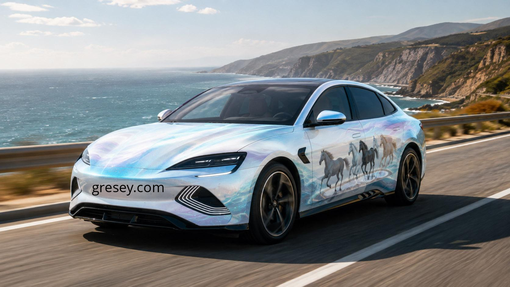 BYD SEAL 2023 — художня ілюстрація виходу моделі на міжнародні ринки, перламутрове оформлення з кіньми.