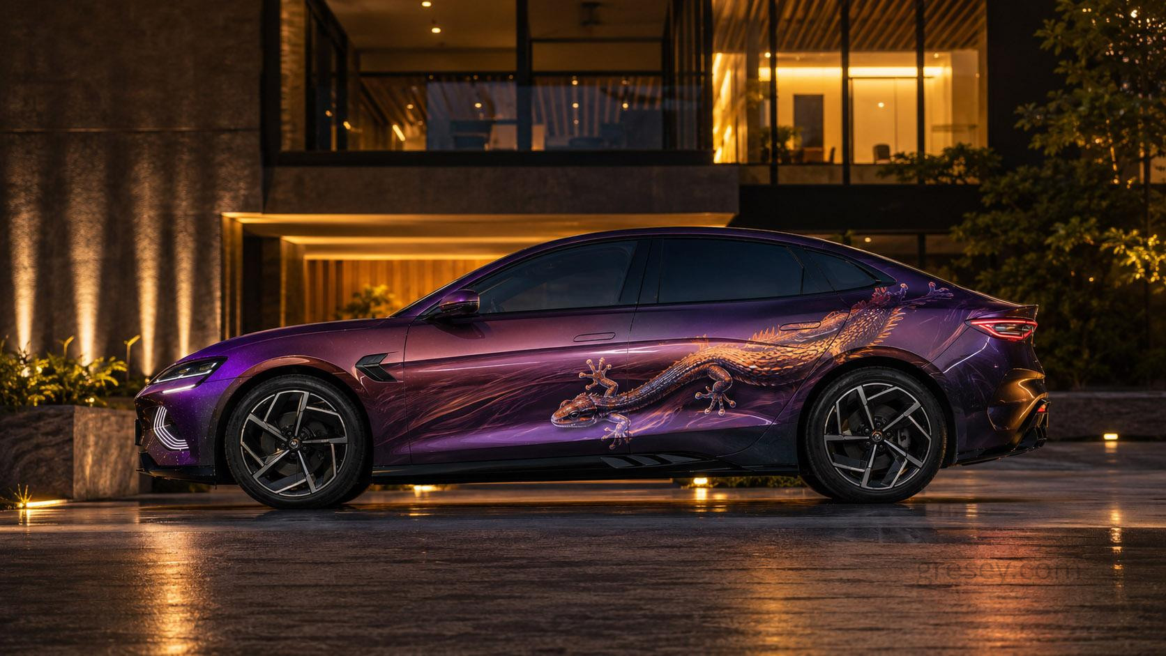 BYD SEAL Champion Edition / Honor Edition — художня ілюстрація оновленої модельної лінії у фіолетовому оформленні з геконом.