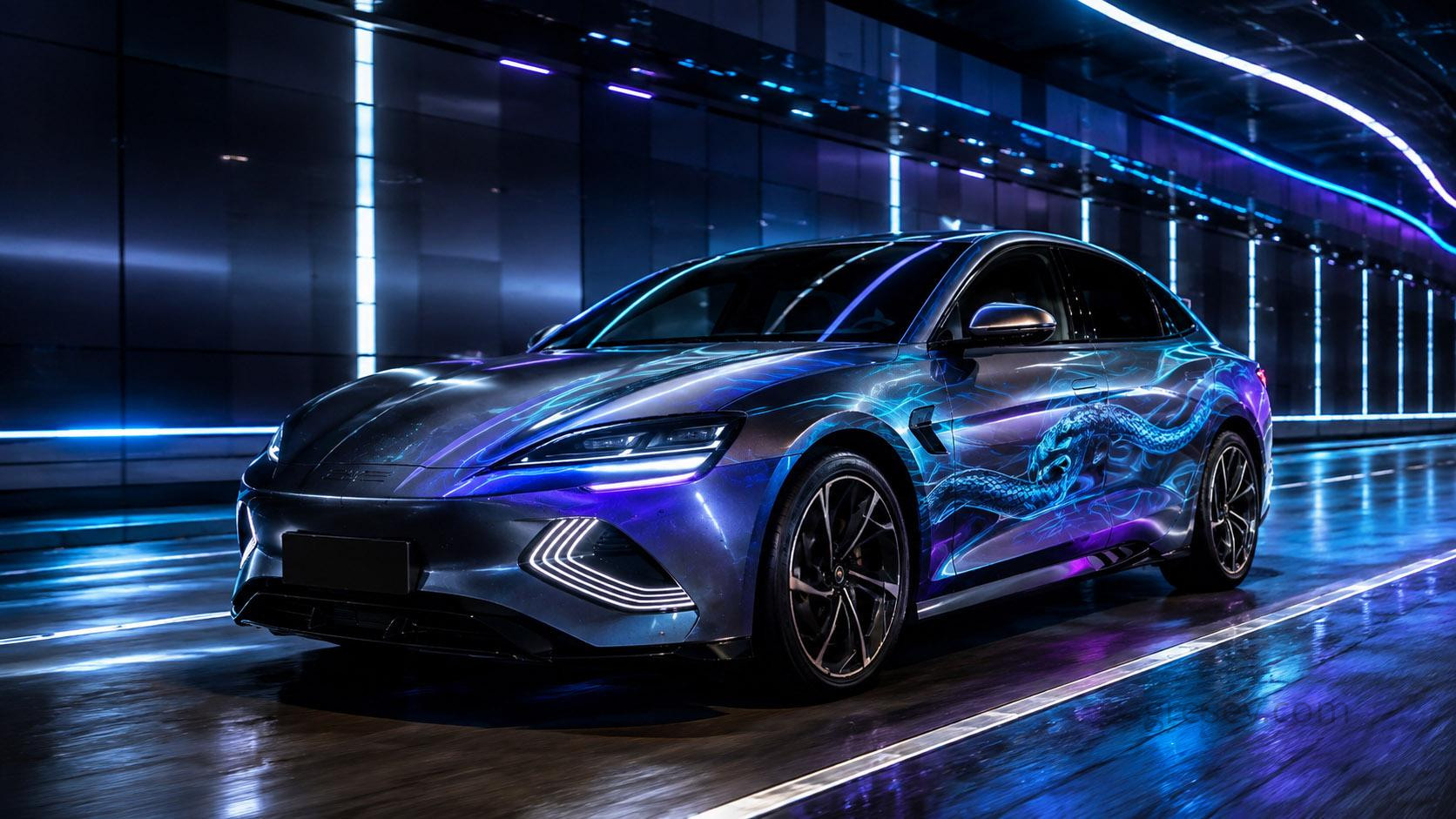 BYD SEAL 2025 модельного року — художня ілюстрація великого технічного оновлення, графітове оформлення зі змією.
