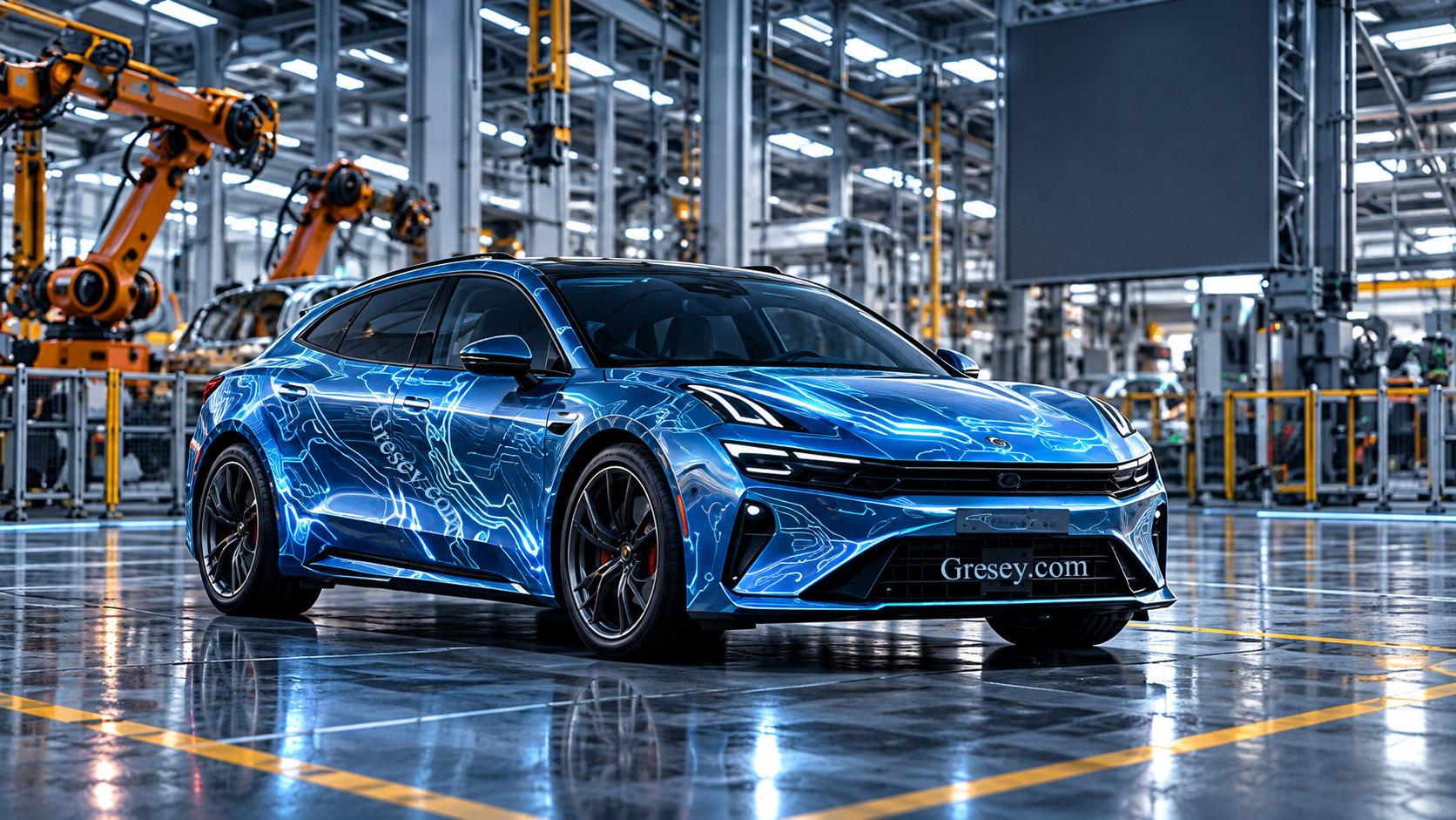 Ранній ZEEKR 001 біля сучасного автомобільного заводу на початку серійного виробництва