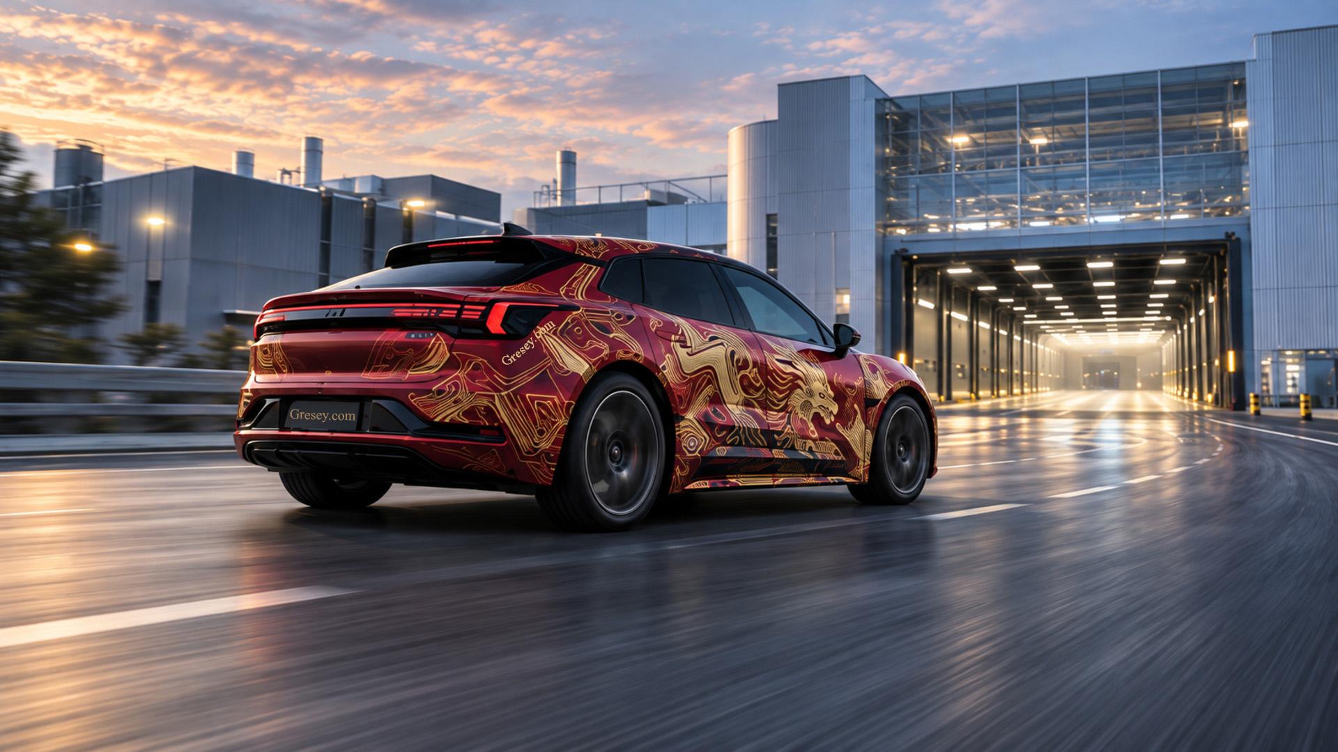 Червоний ZEEKR 001 Qilin 2023 року із золотою оклейкою прискорюється біля сучасного заводу з виробництва батарей
