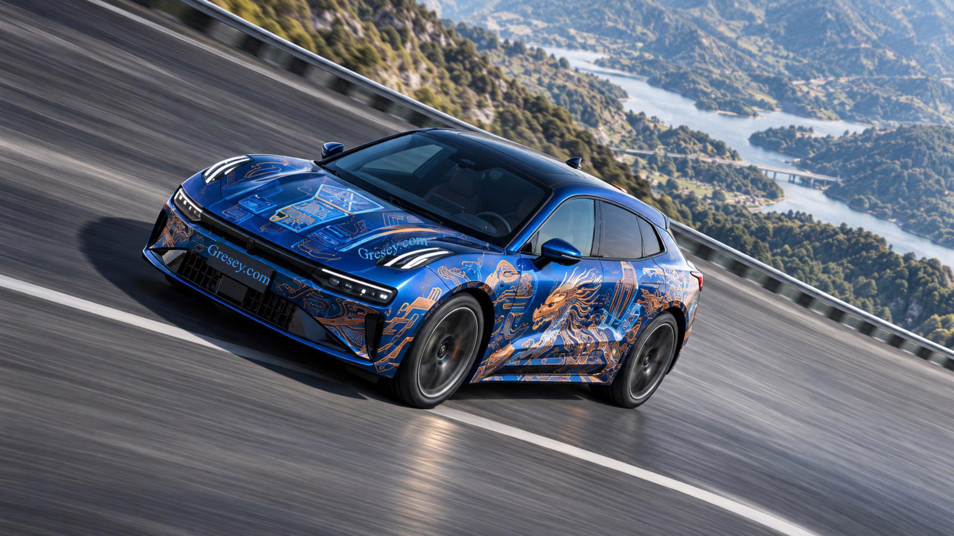 Синій ZEEKR 001 Qilin 2023 року з мідною технологічною оклейкою входить у поворот на гірській дорозі