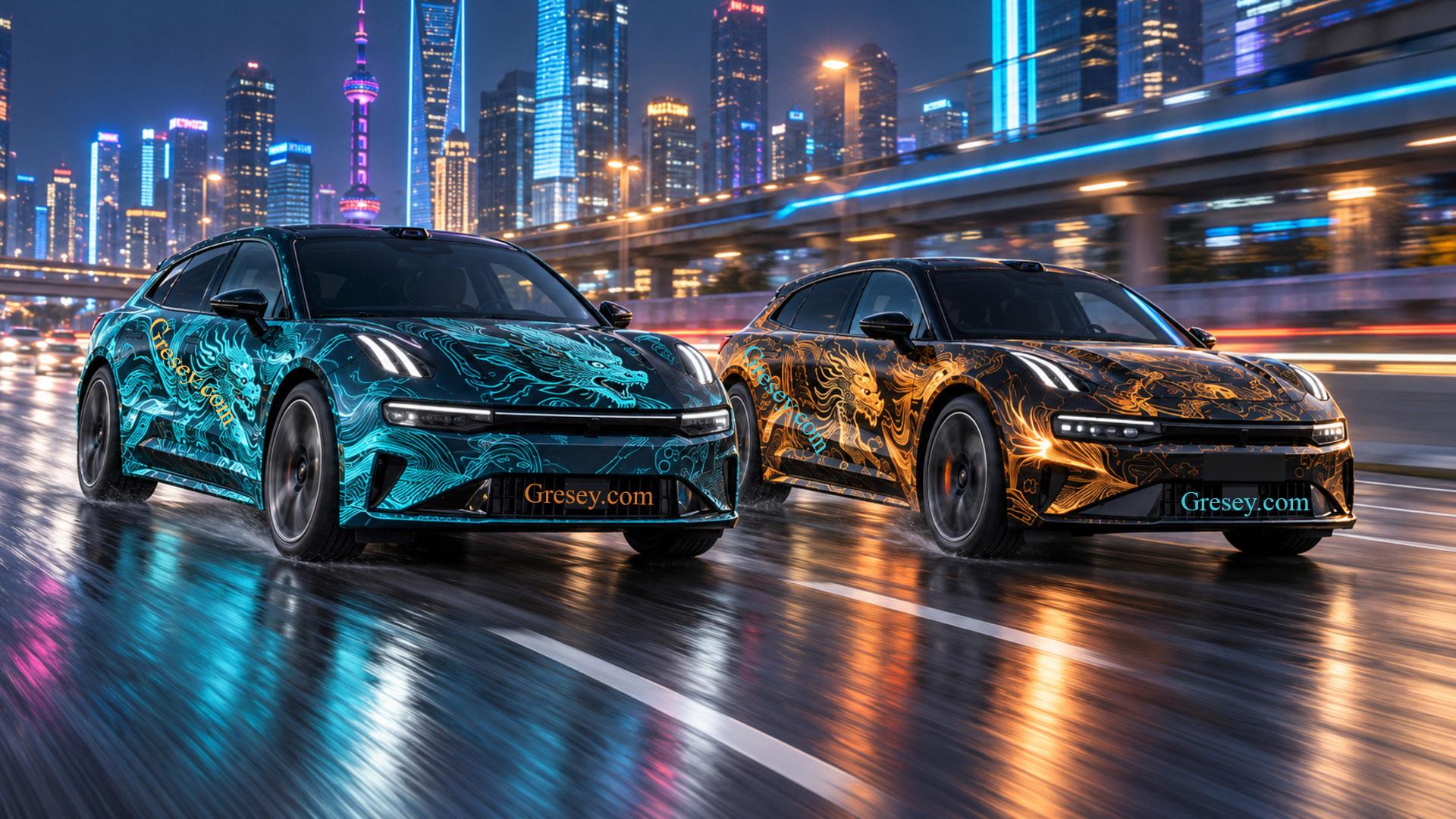 ZEEKR 001 Qilin 2023 року з блакитною оклейкою та ZEEKR 001 2024 року з помаранчевою оклейкою їдуть нічним містом