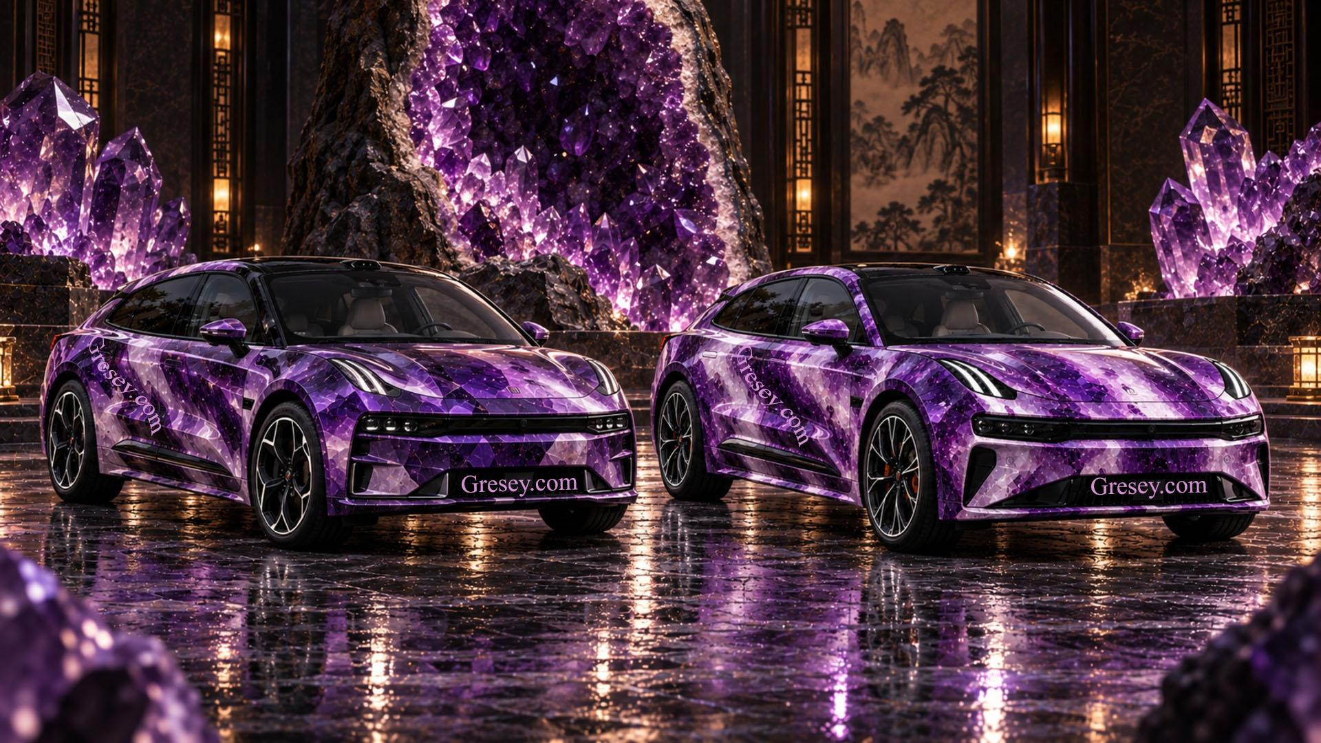 Два фіолетові автомобілі ZEEKR 001 2024 з текстурою аметисту перед великою жеодою та групою кристалів