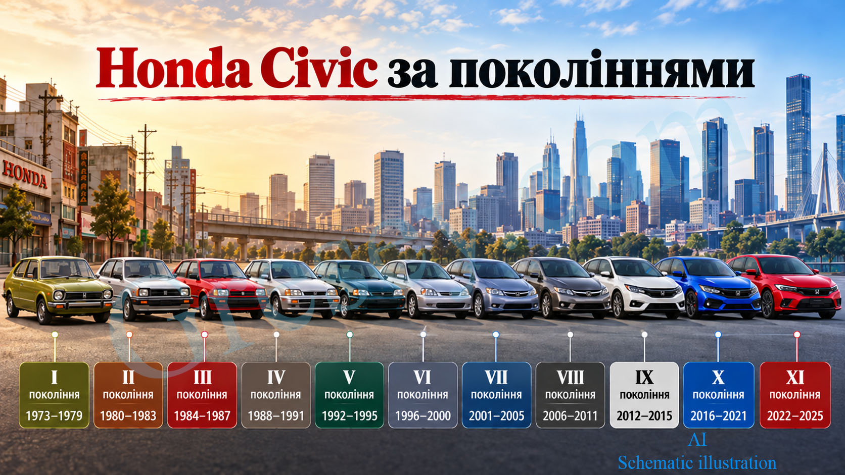 Honda Civic generation evolution from the 1970s to 2025. Еволюція поколінь Honda Civic від 1970-х років до 2025 року.