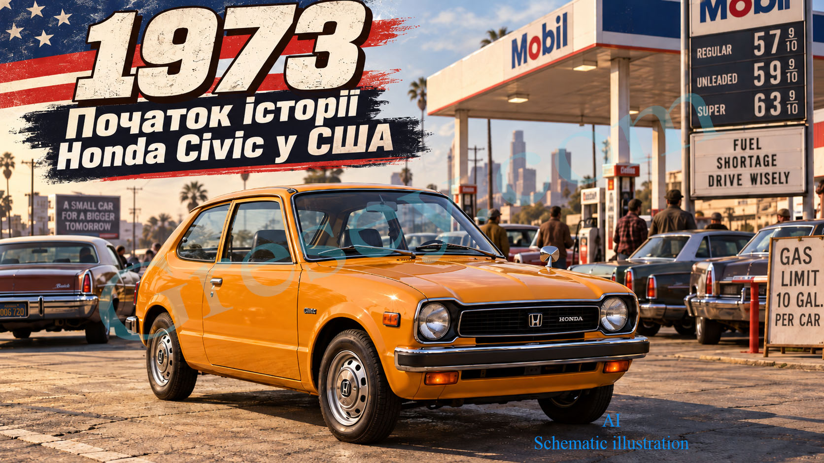 Orange early Honda Civic hatchback at a Mobil gas station in a 1970s American setting. Помаранчевий ранній хетчбек Honda Civic біля заправки Mobil в американському антуражі 1970-х років.