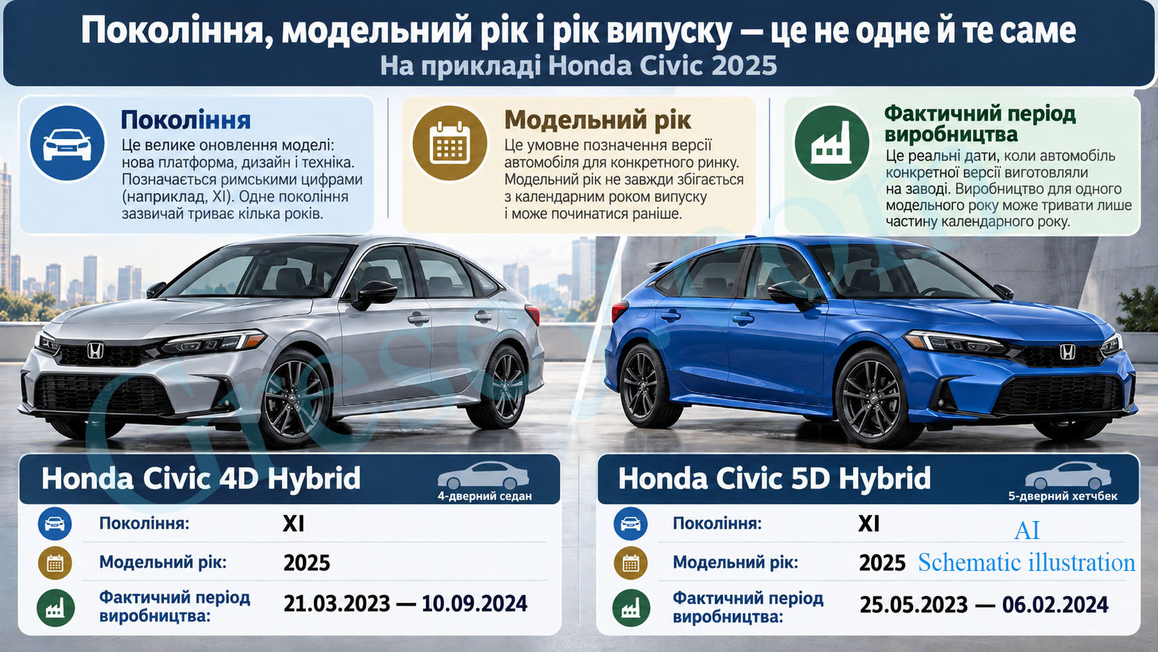Honda Civic infographic comparing generation, model year, and production year. Інфографіка Honda Civic з порівнянням покоління, модельного року та року виробництва.