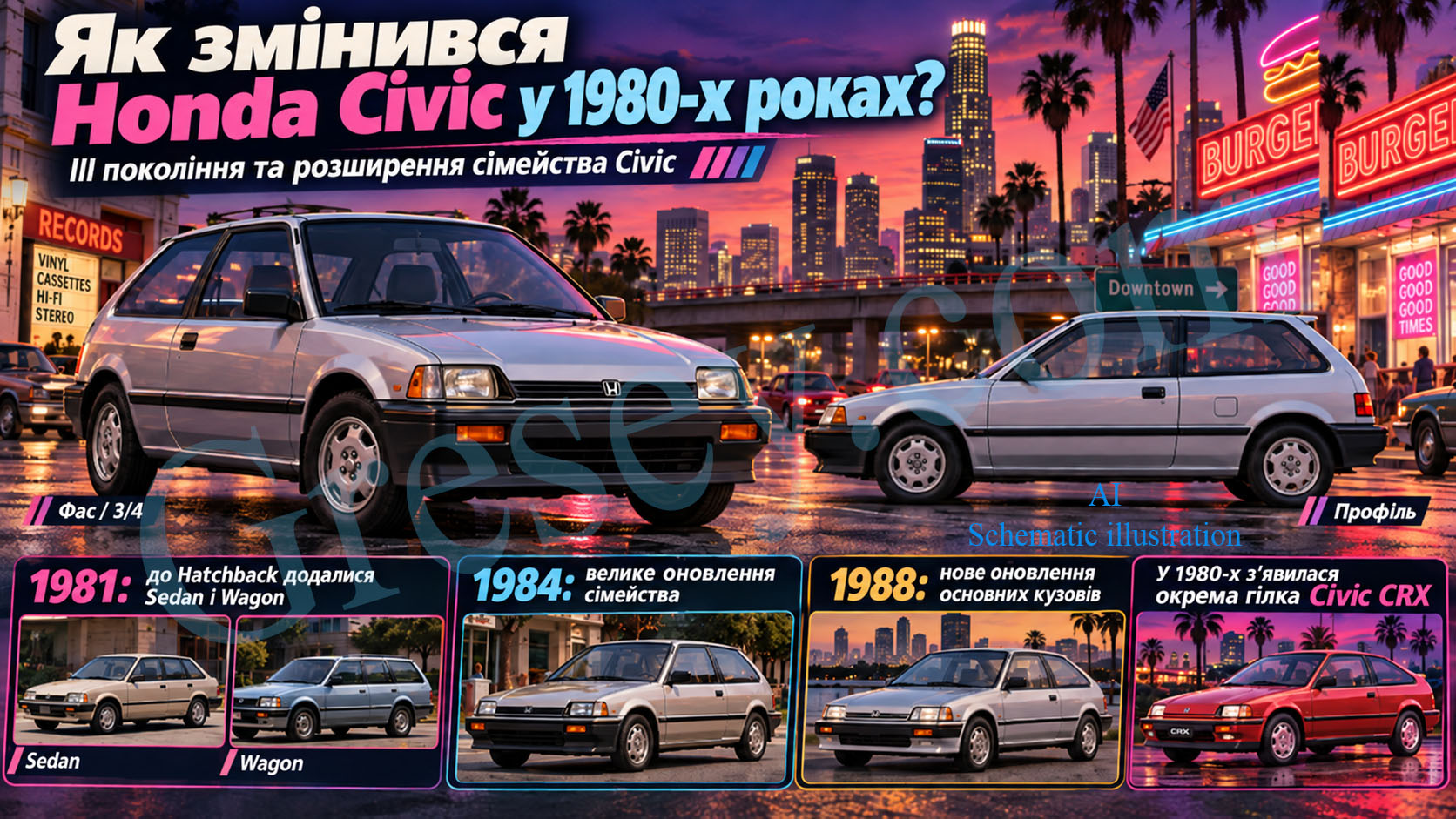 1980s Honda Civic illustrating the model evolution during the decade. Honda Civic 1980-х років, що ілюструє розвиток моделі протягом десятиліття.