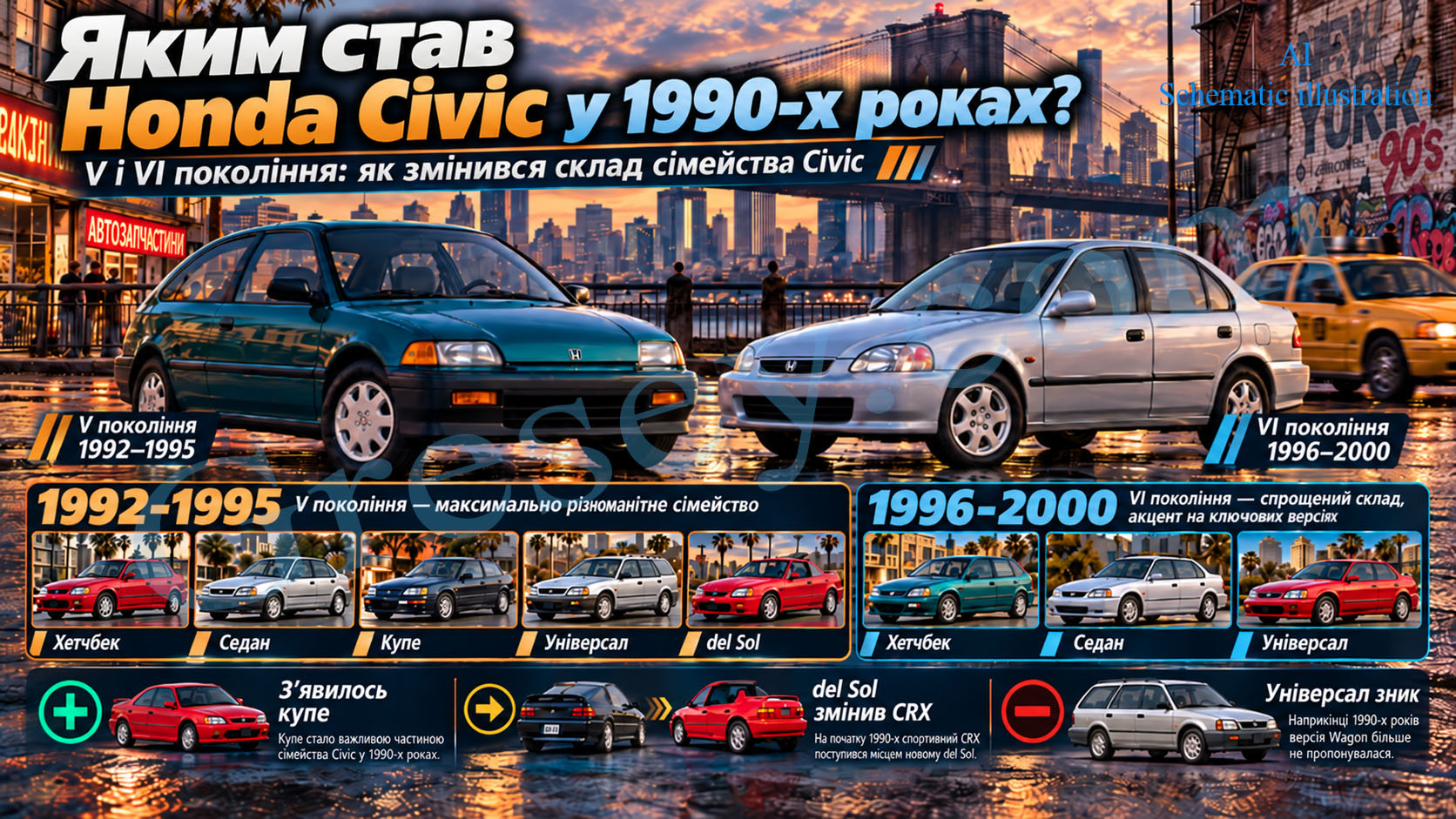 Honda Civic generations and body styles from the 1990s. Покоління та типи кузова Honda Civic 1990-х років.