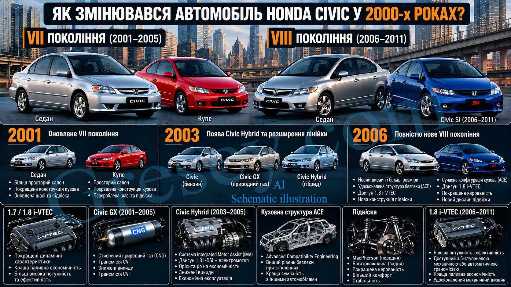 Honda Civic models and versions illustrating the changes of the 2000s. Моделі та версії Honda Civic, що показують зміни 2000-х років.
