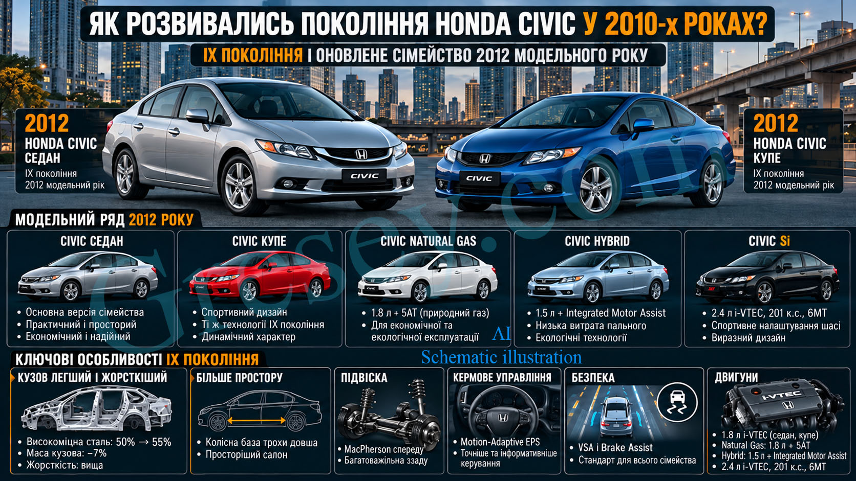 Ninth-generation Honda Civic models and body styles from the 2010s. Моделі та кузовні версії Honda Civic дев’ятого покоління у 2010-х роках.