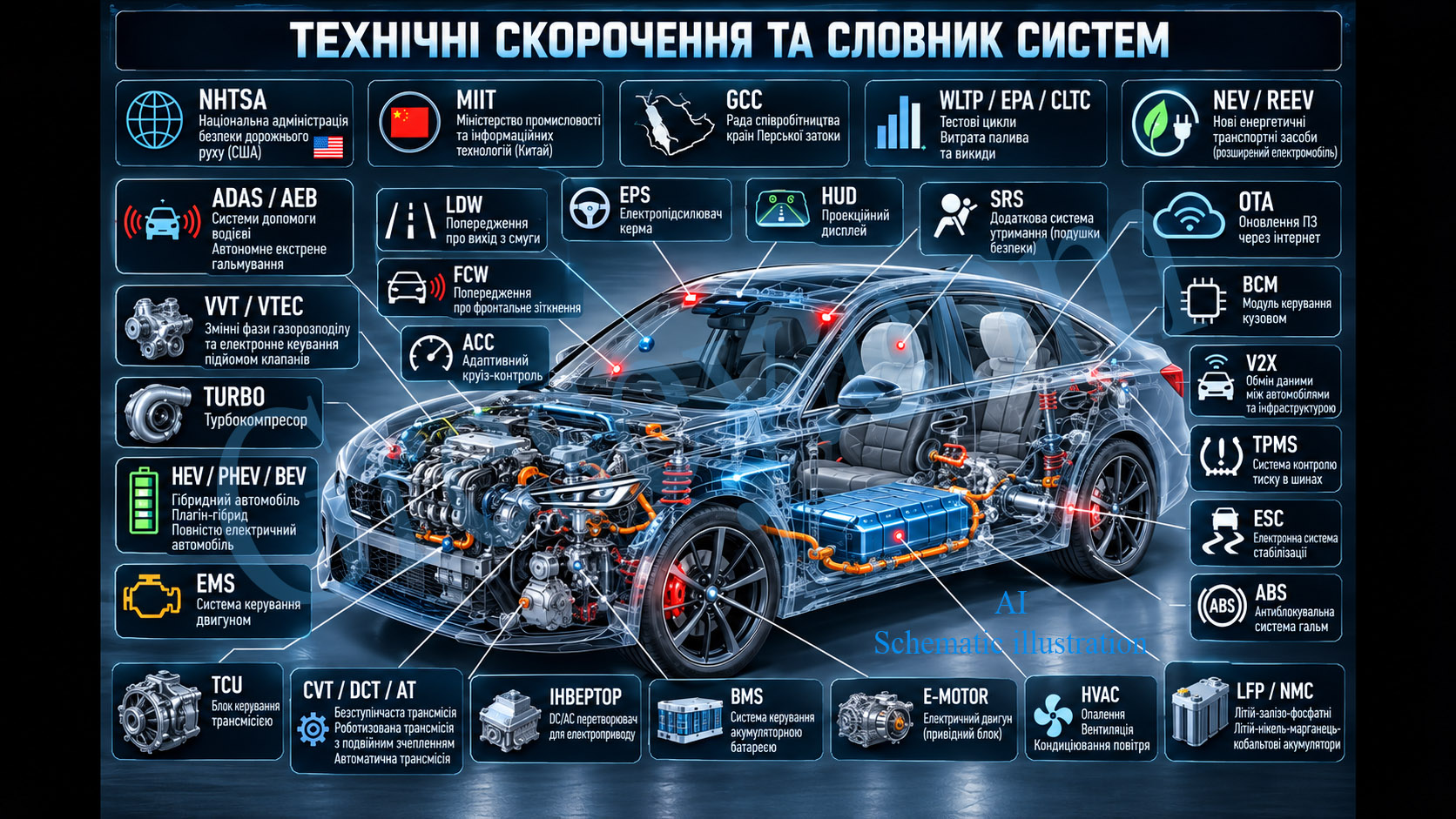 Infographic of automotive systems and technical abbreviations around a cutaway car diagram. Інфографіка автомобільних систем і технічних скорочень навколо схематичного зображення автомобіля.